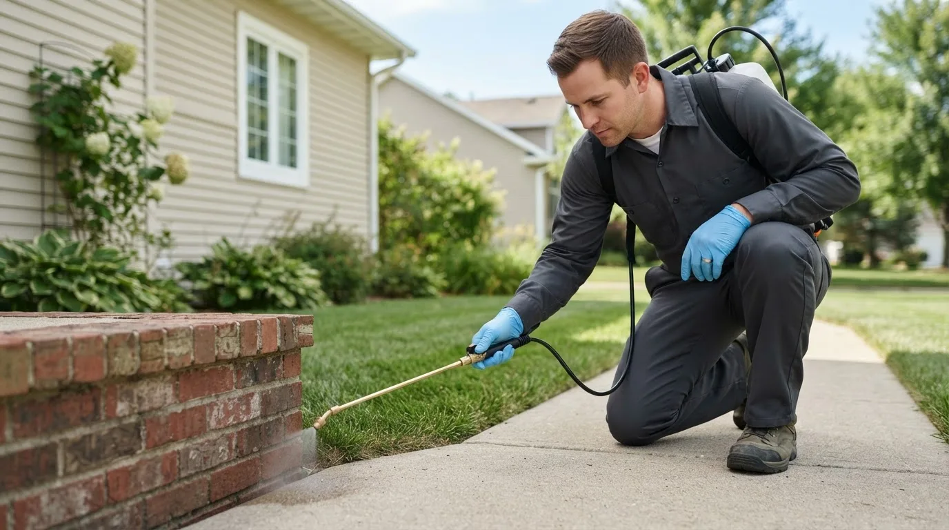 Pest control technician treating a home near Iola, KS